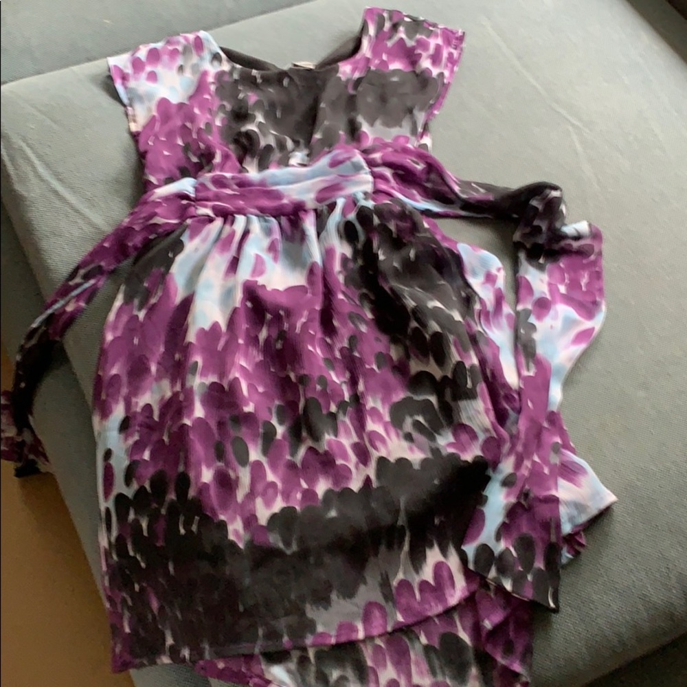 100% polyester purple, blue, black print dress